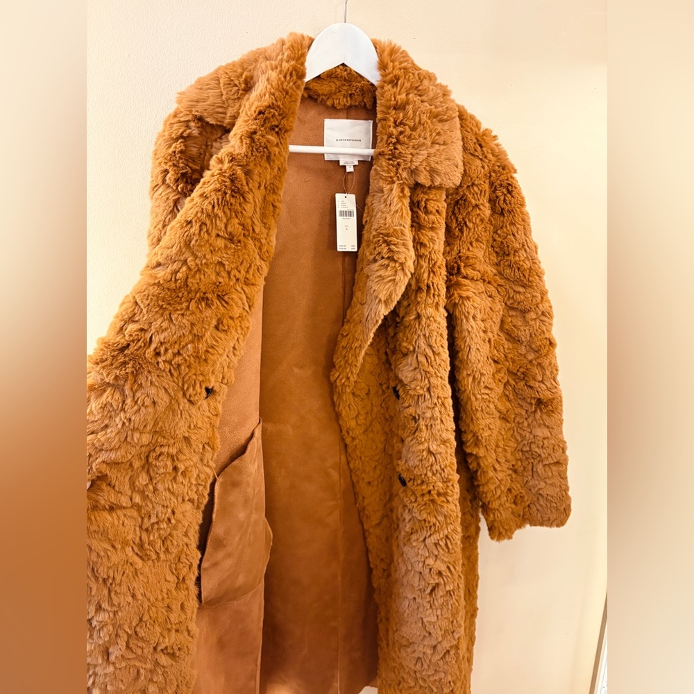 NEW Anthropologie Brown Faux Fur Long Double Breasted Preppy Button Coat S 6 - Picture 8 of 11